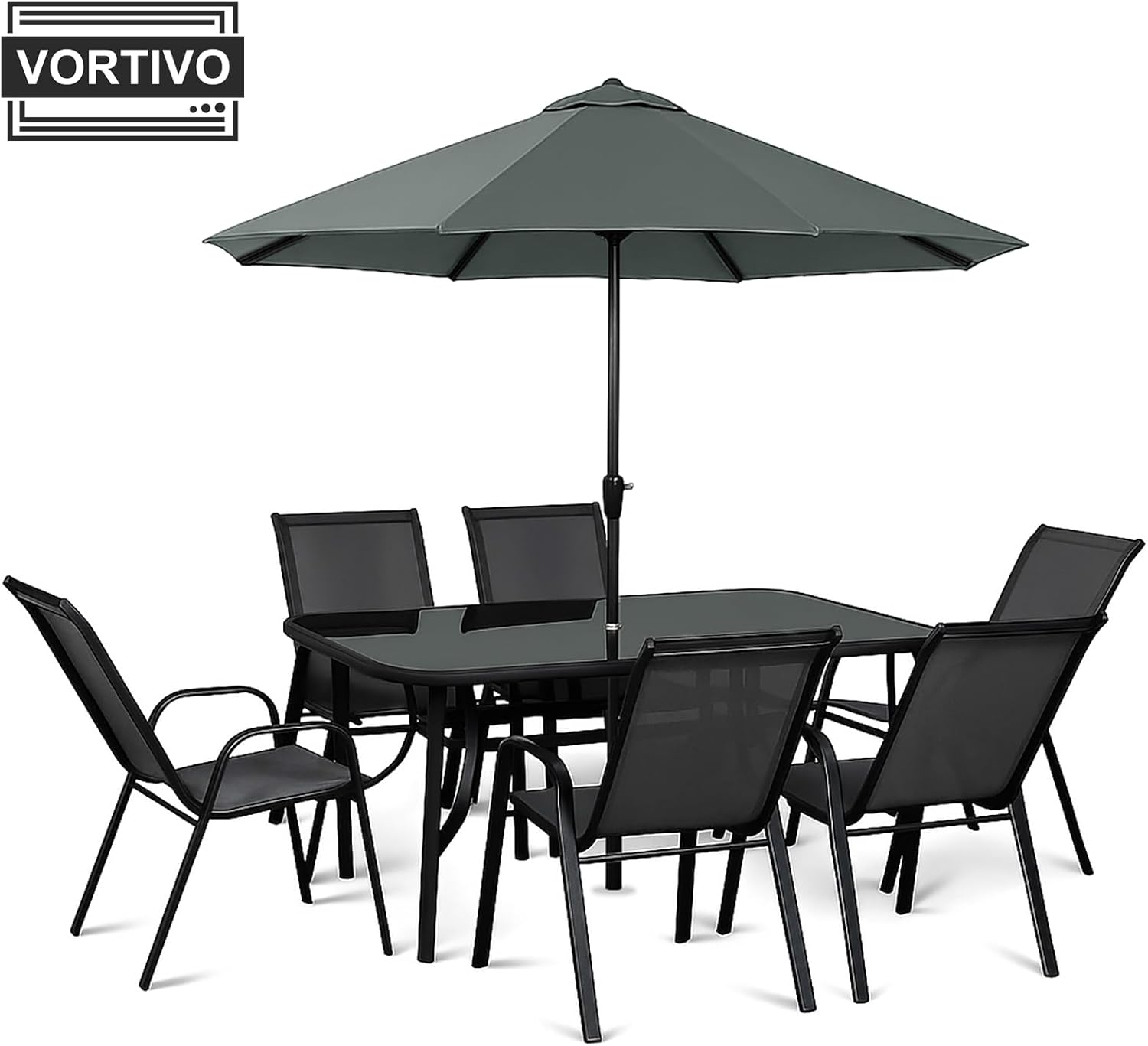 Zestaw mebli ogrodowych  ARIS dla 6 osób  – stół ze szklanym blatem, krzesła, parasol