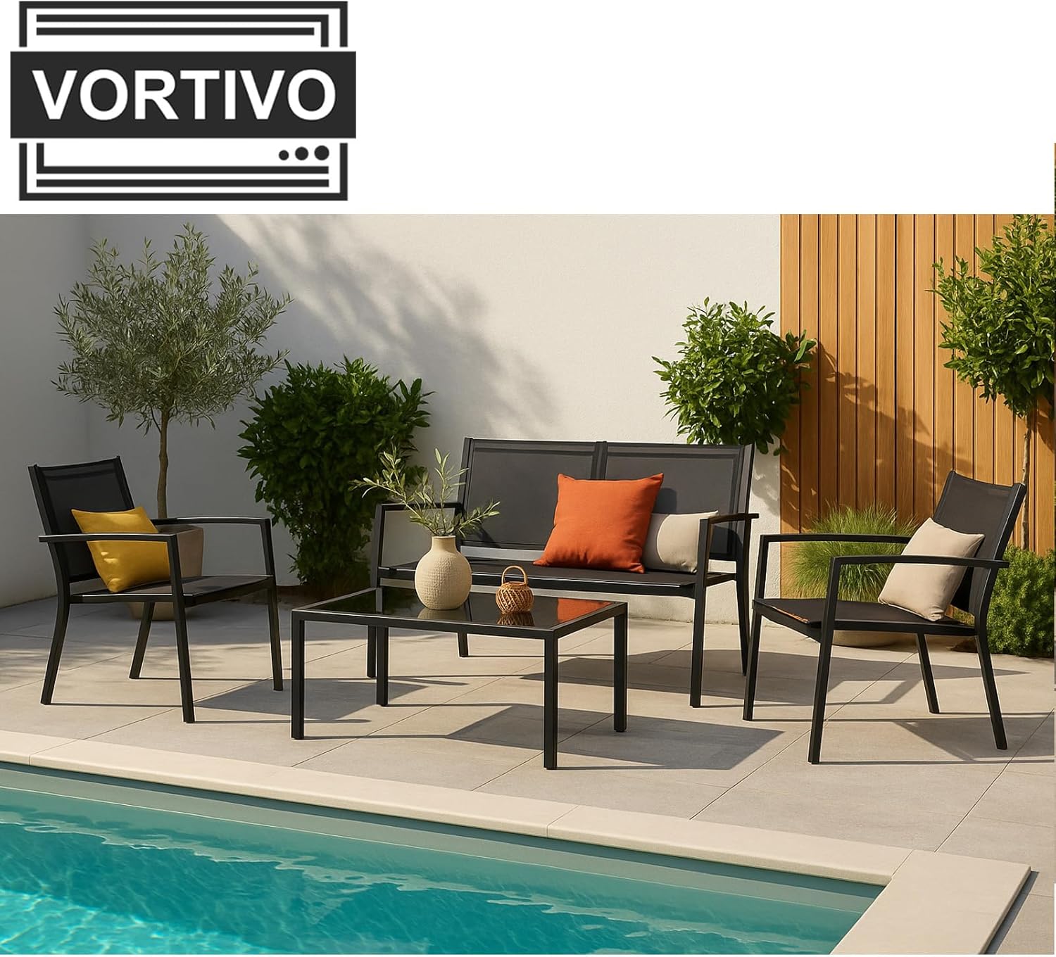 Zestaw mebli ogrodowych NERO 4-elementowy – sofa, 2 fotele i stolik ze szklanym blatem
