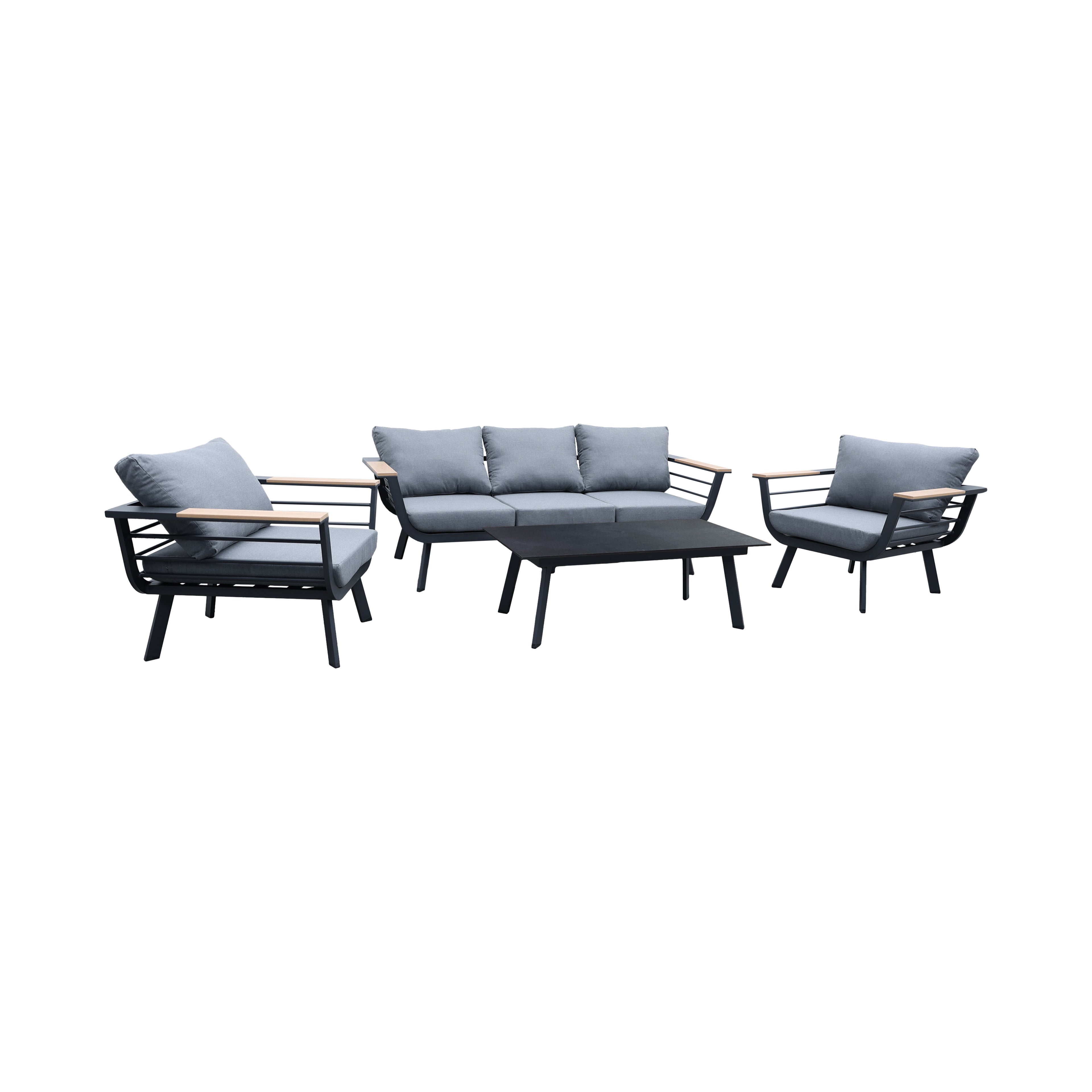 Aluminiowy zestaw mebli ogrodowych VORTIVO VERANO – sofa 3-osobowa, 2 fotele i stolik | Czarny
