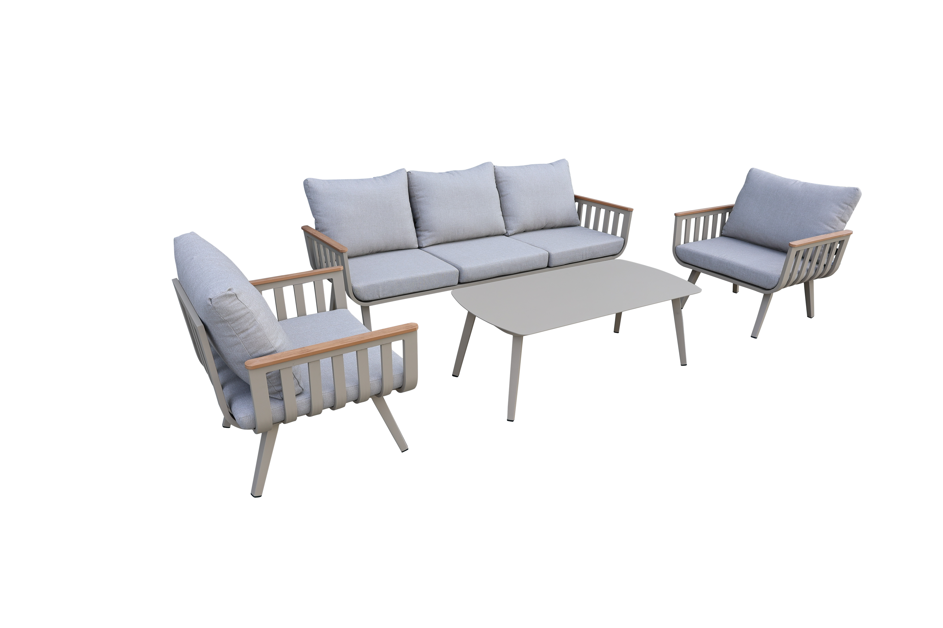 Aluminiowy zestaw mebli ogrodowych LUNA 4-elementowy – sofa 3-osobowa, 2 fotele i stolik | Beż/Taupe