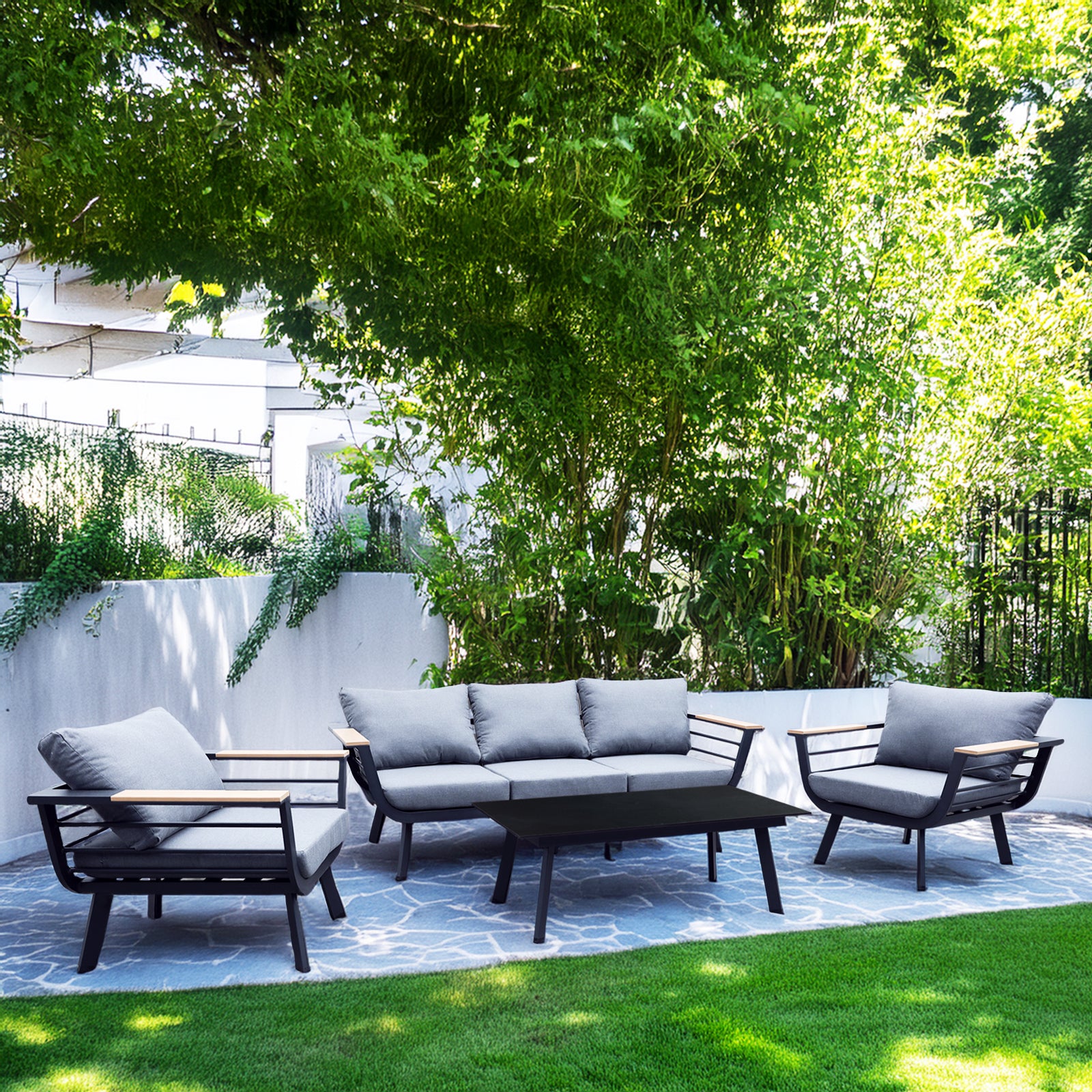 Aluminiowy zestaw mebli ogrodowych VORTIVO VERANO – sofa 3-osobowa, 2 fotele i stolik | Czarny