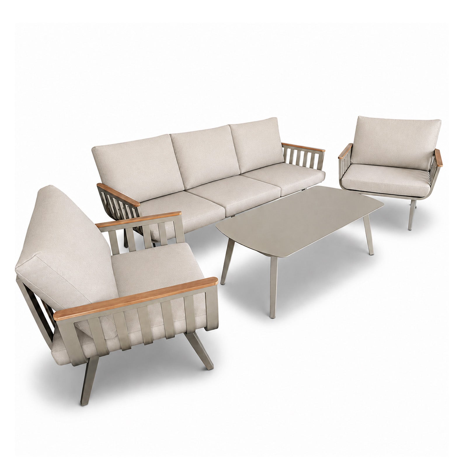 Aluminiowy zestaw mebli ogrodowych LUNA 4-elementowy – sofa 3-osobowa, 2 fotele i stolik | Beż/Taupe
