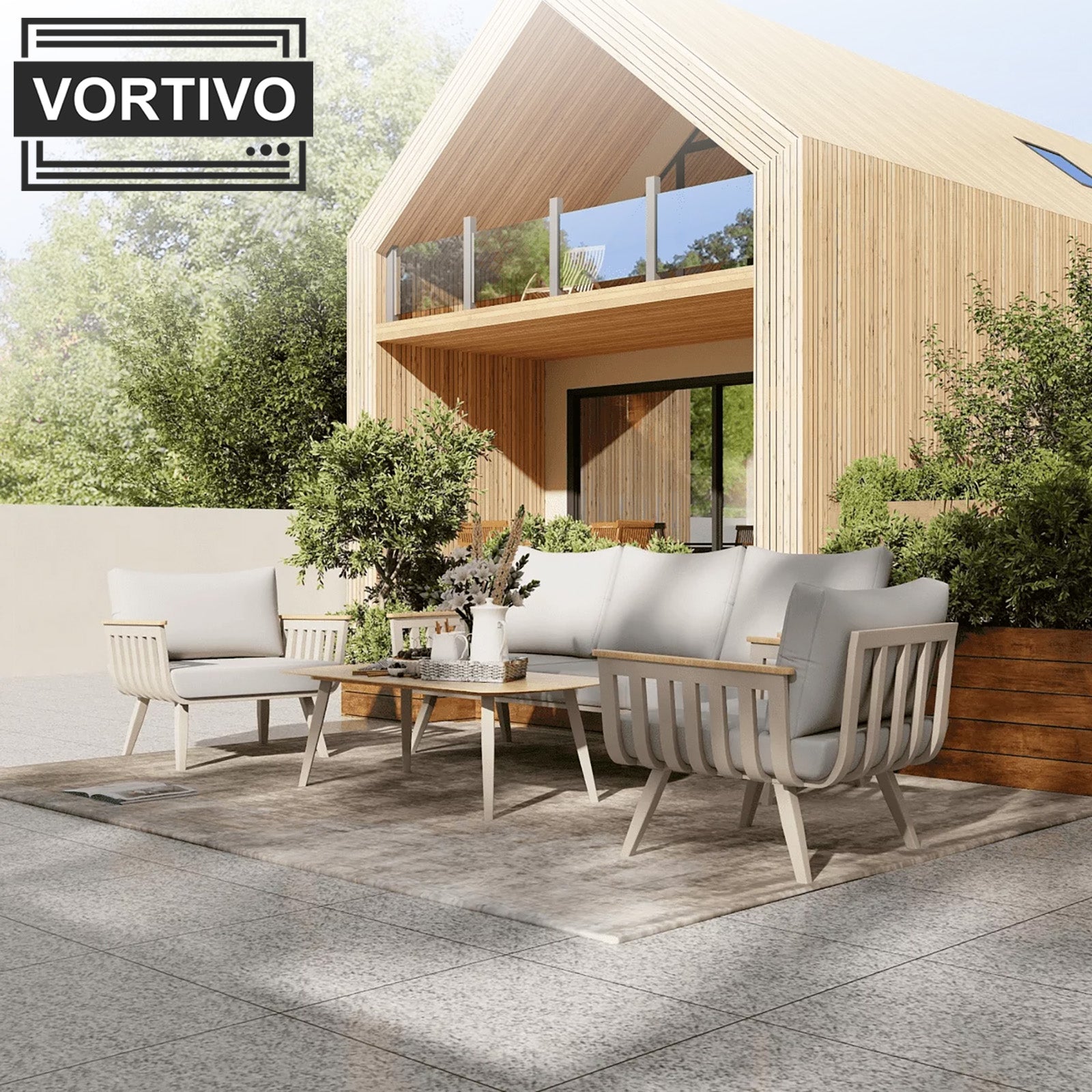 Aluminiowy zestaw mebli ogrodowych LUNA 4-elementowy – sofa 3-osobowa, 2 fotele i stolik | Beż/Taupe