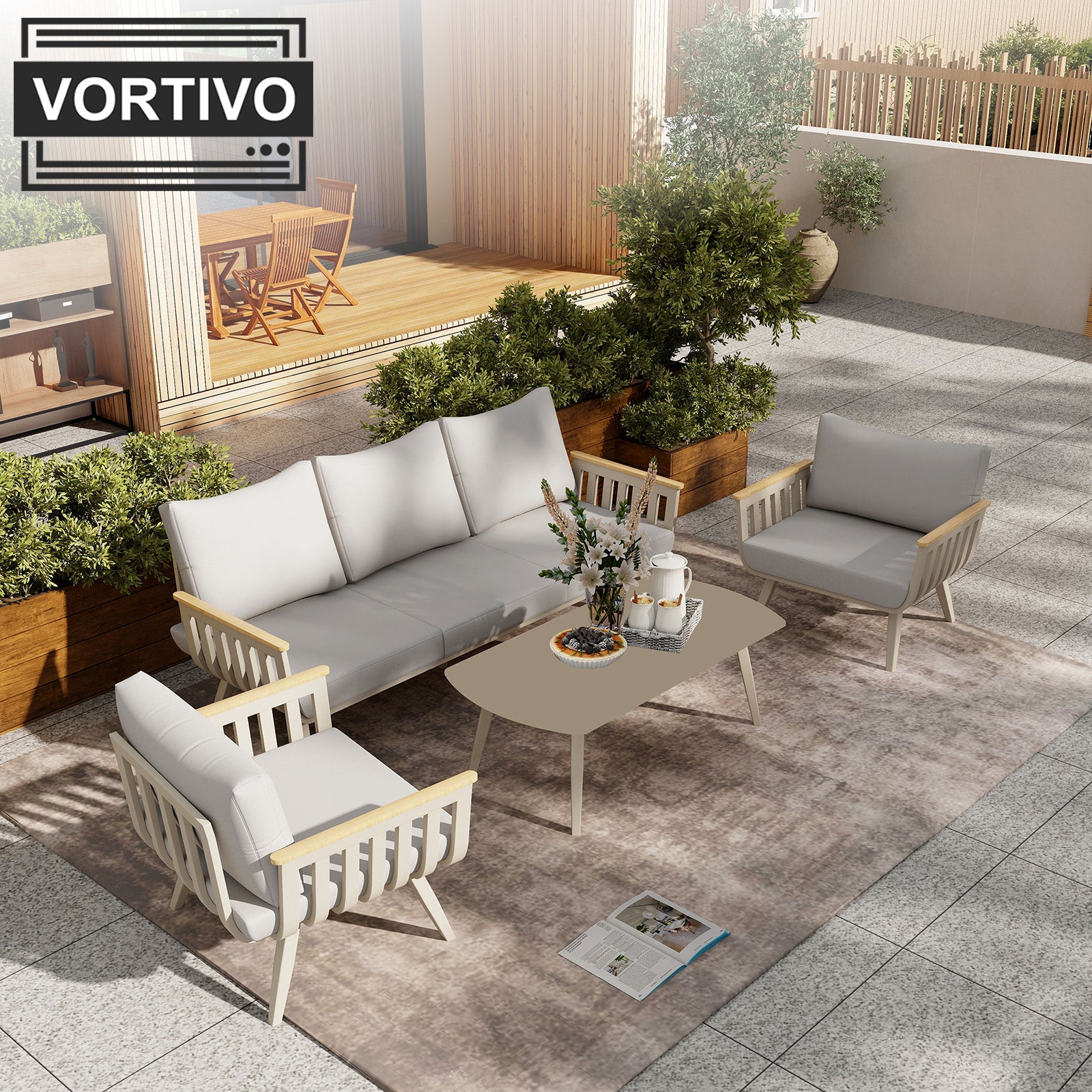 Aluminiowy zestaw mebli ogrodowych LUNA 4-elementowy – sofa 3-osobowa, 2 fotele i stolik | Beż/Taupe