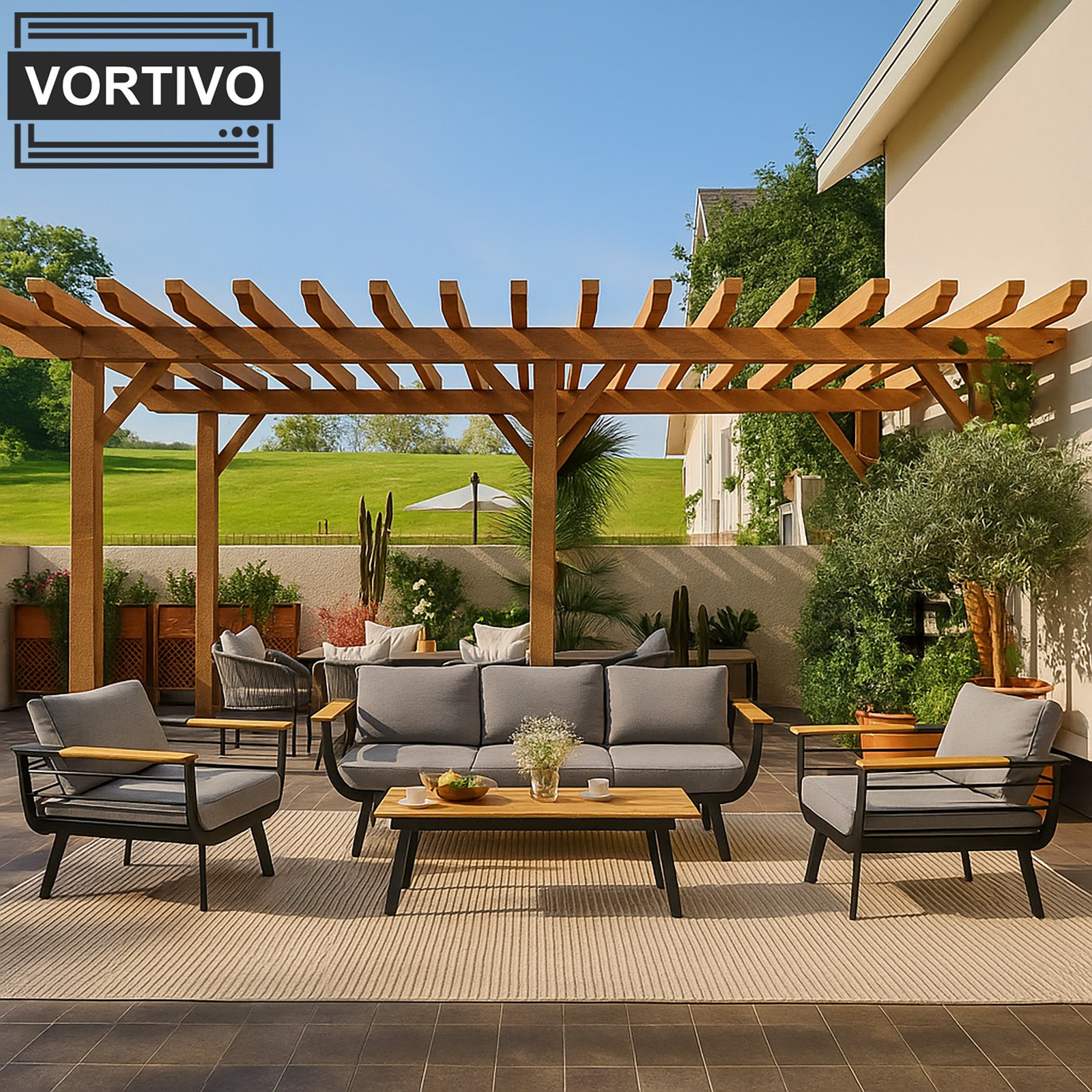 Aluminiowy zestaw mebli ogrodowych VORTIVO VERANO – sofa 3-osobowa, 2 fotele i stolik | Czarny