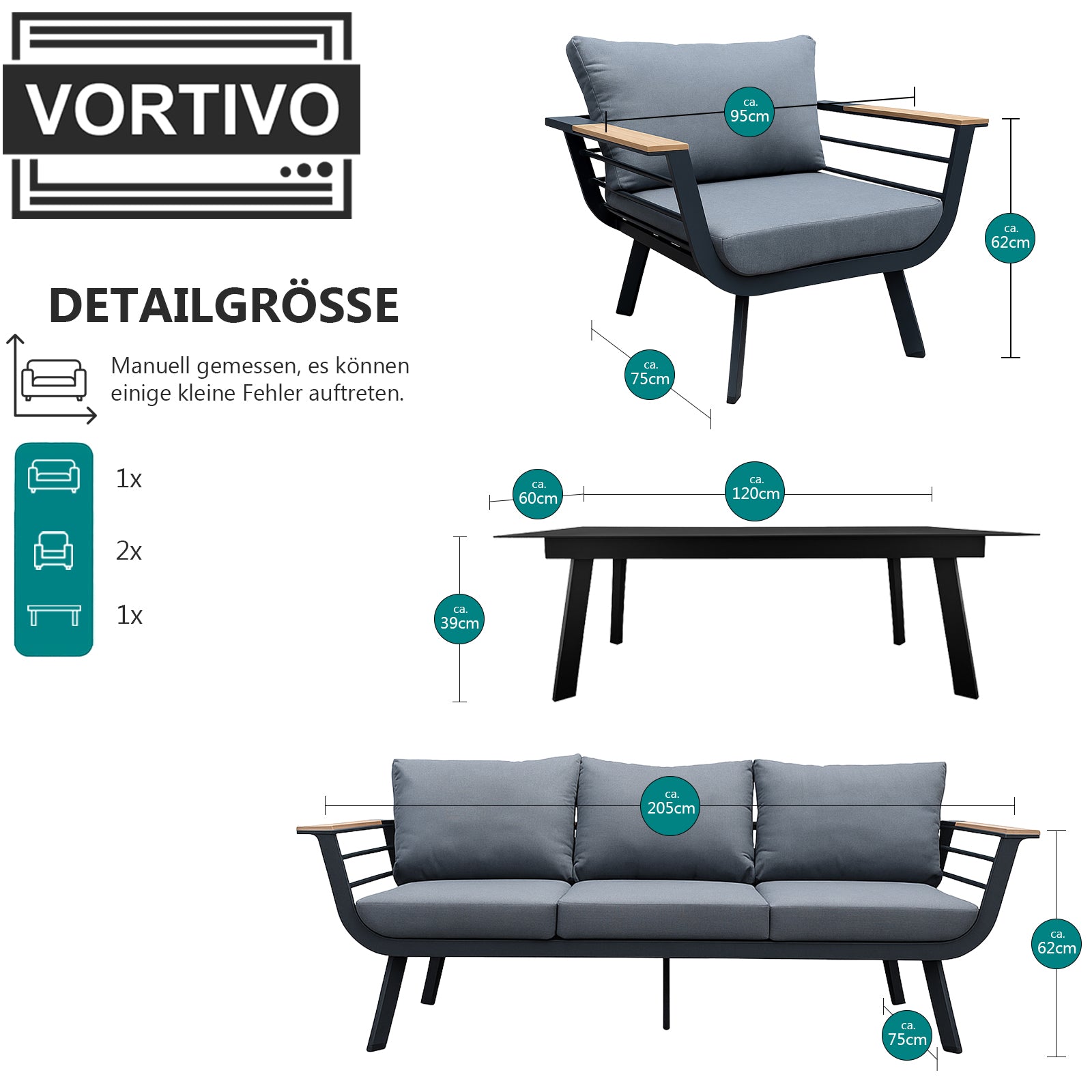Aluminiowy zestaw mebli ogrodowych VORTIVO VERANO – sofa 3-osobowa, 2 fotele i stolik | Czarny