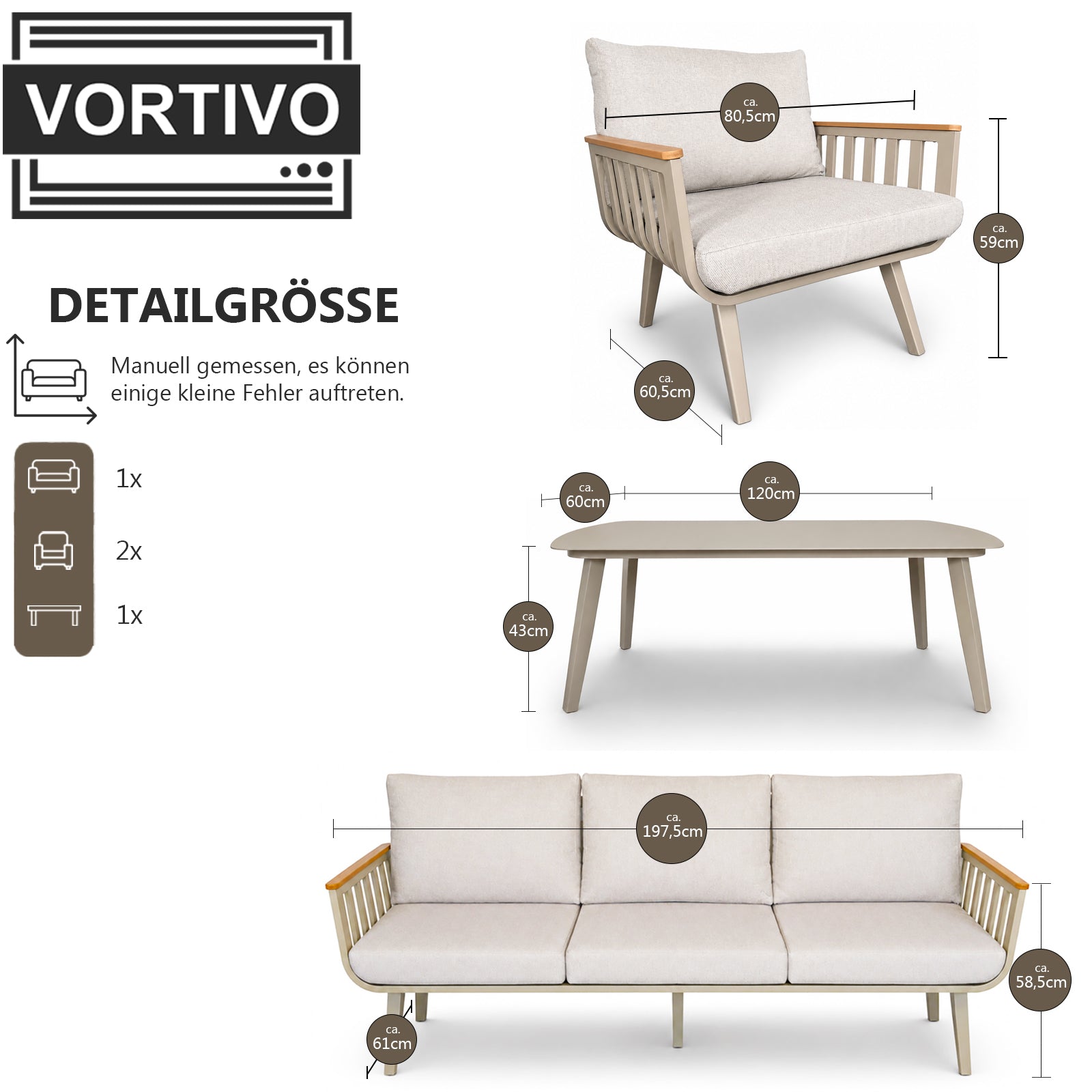 Aluminiowy zestaw mebli ogrodowych LUNA 4-elementowy – sofa 3-osobowa, 2 fotele i stolik | Beż/Taupe